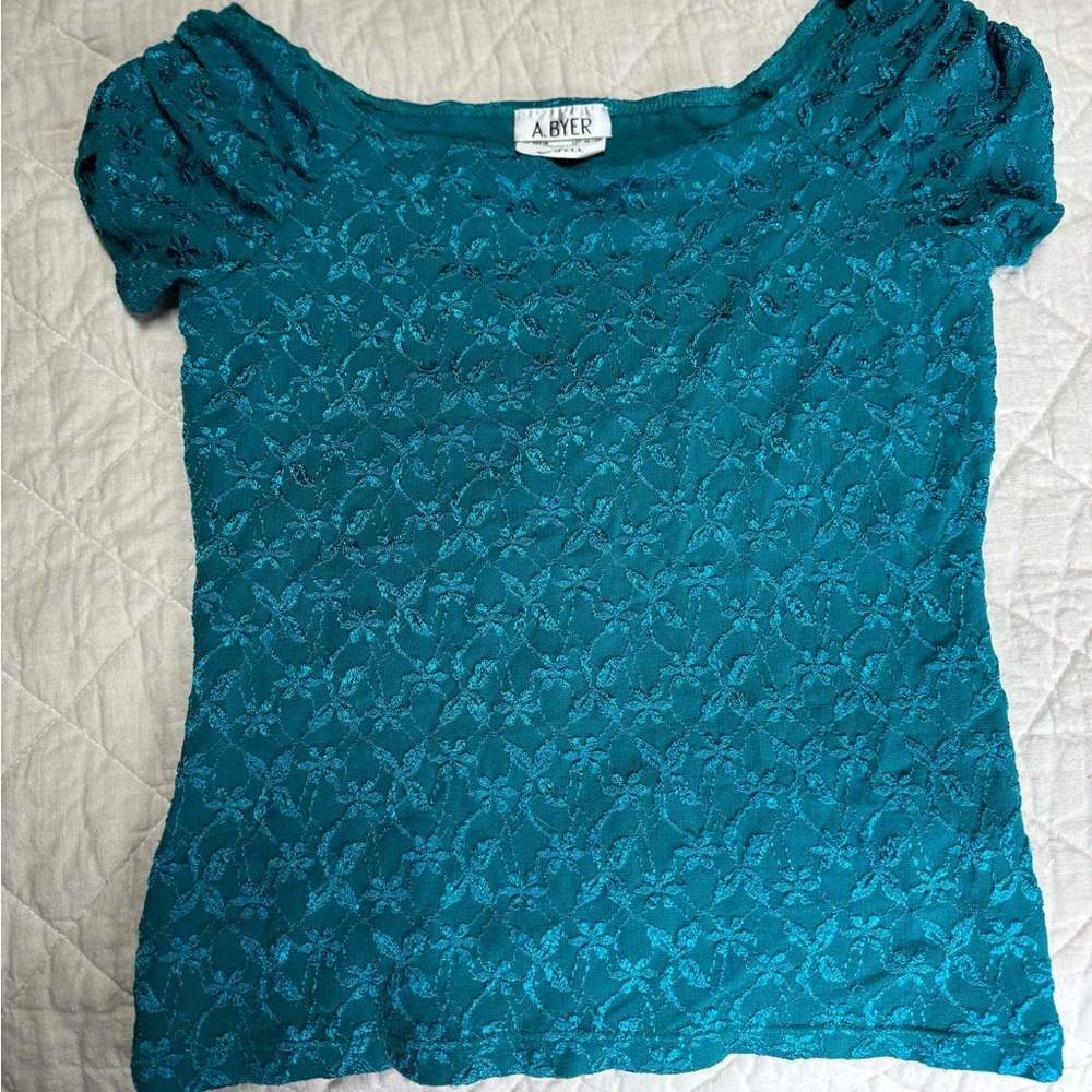 A BYER turquoise stretch lace pattern top size M